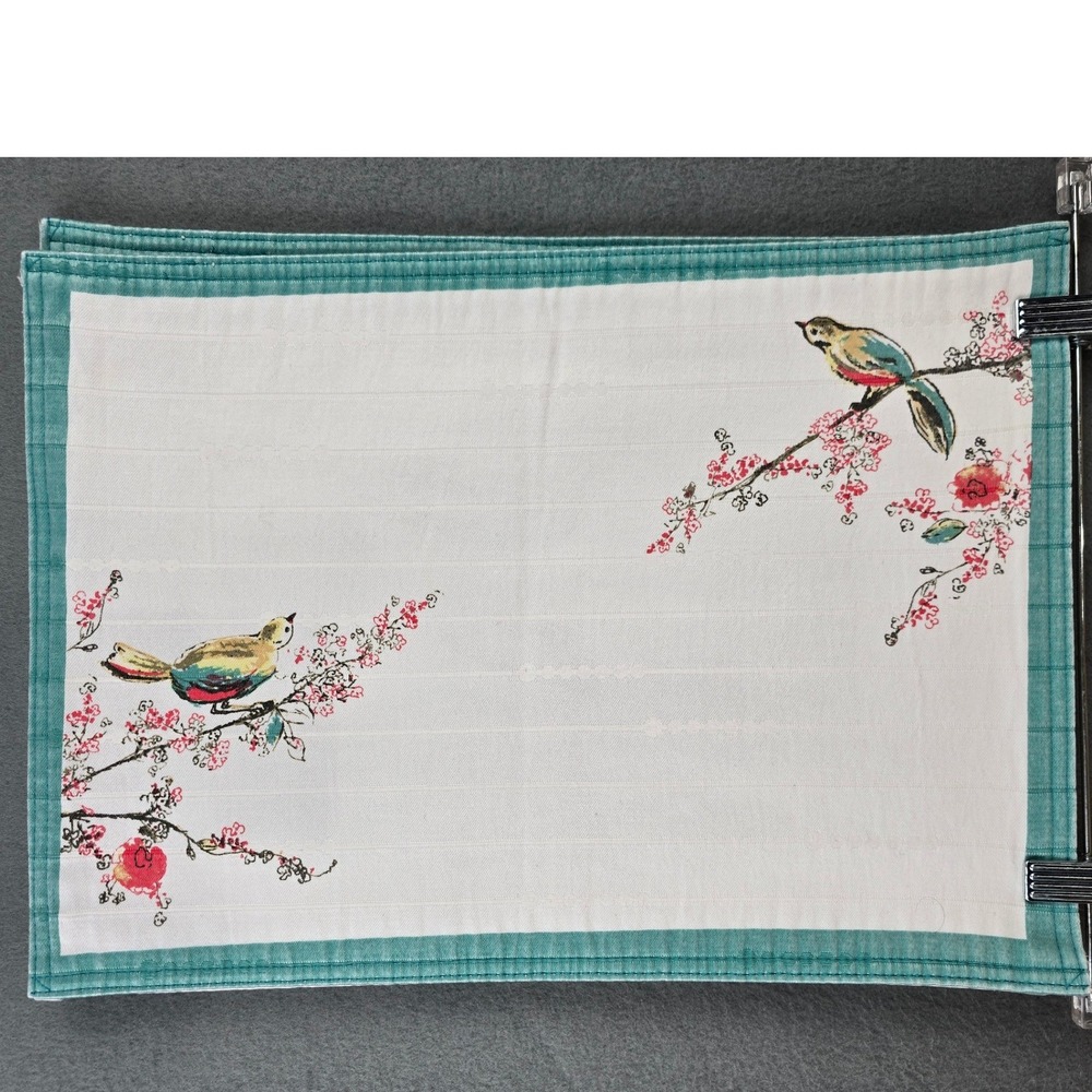 3 Lenox Chirp Placemat Microfiber White Teal Bird Floral Chinoiserie Replacement